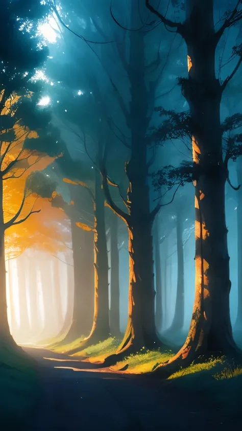 painting of a forest with a blue sky and orange trees, blue forest, beautiful misty wood, painting of a forest, misty wood, misty woods, misty forest, a mystical misty glow, forest colors, moonlit forest, glowing forest, in an evening autumn forest, mystic...