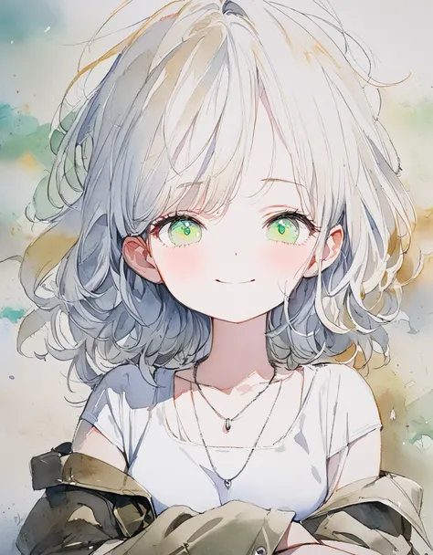 1 female, [(white hair:1.2):(yellow hair:1.2):0.4],medium hair,messy hair,blunt bungs,(light green eyes:1.2),albino,from front, (smile),crossed arms,looking viewer,white shirt,black cargo pants, silver necklace,medium breast,white Tone,watercolor,masterpie...