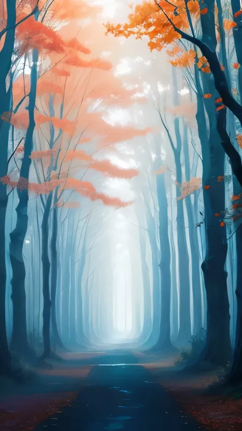 painting of a forest with a blue sky and orange trees, blue forest, beautiful misty wood, painting of a forest, misty wood, misty woods, misty forest, a mystical misty glow, forest colors, moonlit forest, glowing forest, in an evening autumn forest, mystic...