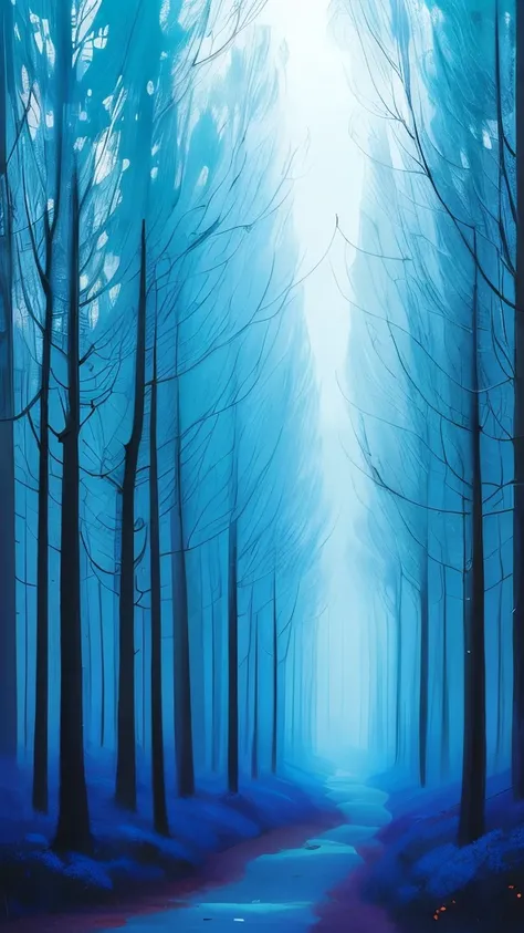 painting of a forest with a blue sky and orange trees, an acrylic painting inspired by Eyvind Earle, flickr, fine art, blue forest, beautiful misty wood, painting of a forest, misty wood, misty woods, misty forest, a mystical misty glow, forest colors, moo...