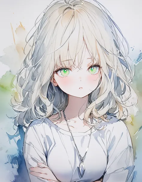 1 female, [(white hair:1.2):(yellow hair:1.2):0.4],medium hair,messy hair,(light green eyes:1.2),albino,from front, (beaming),crossed arms, looking viewer,white shirt,black cargo pants, silver necklace,medium breast,white Tone,watercolor,masterpiece,best q...