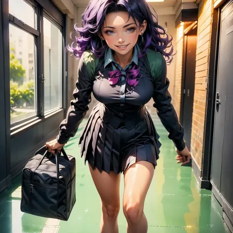 (masterpiece), best quality, 1girl, expressive eyes, perfect face, (purple hair), perfect anatomy, full body, 4k, HDR, full HD, alone, wears schoolgirl clothes, walks sensually down the hallway, her uniform blouse is rolled up, and her skirt is short, her ...