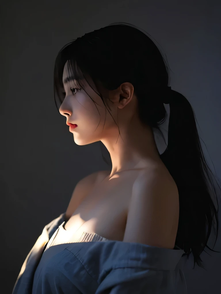 top-quality、​masterpiece、超A high resolution、(Photorealsitic:1.5)、Raw foto、1girl in、Half Japan and half American、off shoulders、murky、deep-shadows、cold light、Sexy appearance、Mysterious look、profile