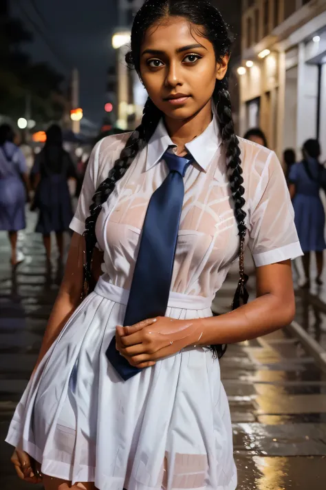 sri lankan school girl outside in white frock and color tie , caught in a downpout, raining, drenched, soaked, wet clothes, dish...