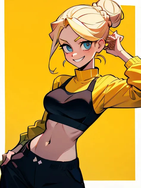 2 white woman with blonde hair held in a bun of her own hair. She has a yellow shirt, Underneath it a black sports bra. Long long pants . She is smiling mockingly 