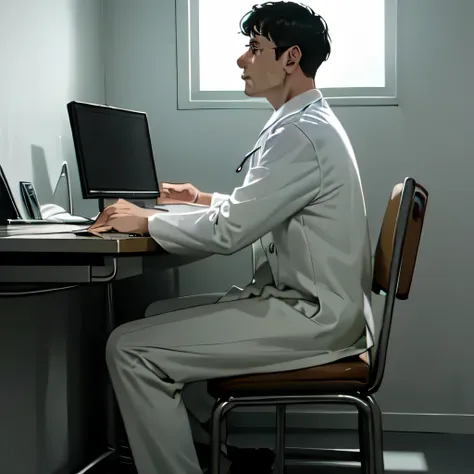 male solo images、gloomy atmosphere、doctor in white coat、have a medical record、sit on a chair、、hospital examination room scene