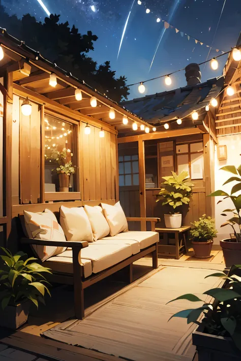 Create a japanese style anime of a wide view, cozy terrace, sofa, orange string lights, leafy tropical plant pots, gypsy aesthetics, starry pink blue sky, earthy tones, colorful string lights, guitar, shed, boho carpet, decorations, cozy atmosphere, night ...