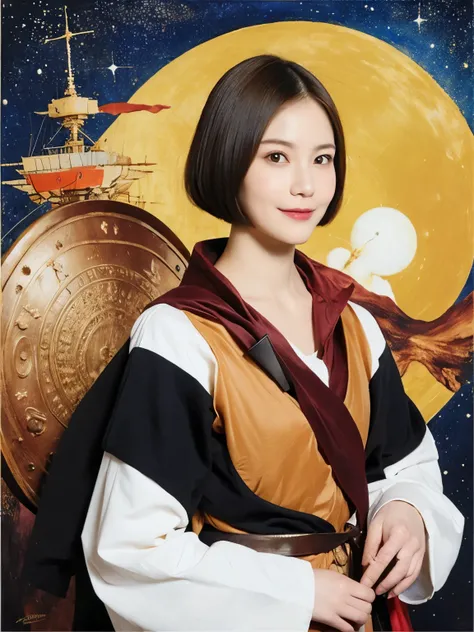 293 (20-year-old woman,short hair), (A kind smile), ((宇宙海賊captain,captain)), (colorful), (Leonardo da Vinci paintings), flower, Futuristic space pirate ship, nebula