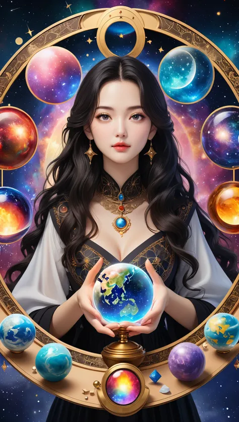 最Best Quality, Best Quality, 16k, Incredibly strange, Very detailed, 2.5D, Delicate and dynamic, , formal, universe space, Night Sky, Crescent Moon, constellation, Gorgeous Nebula, meteor, , Tarot Cards, Giant magic circle, Complex magic circle, Colorful m...