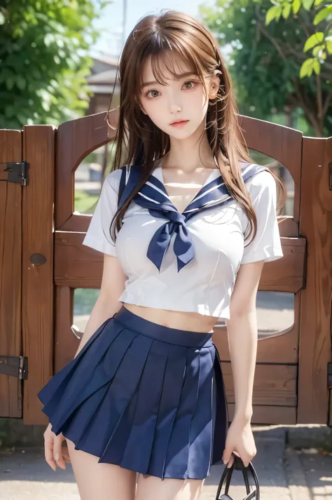 (Ultra HD), (Looking at me), (Short-sleeved sailor uniform, Navy blue mini skirt), Big Breasts, Super beautiful breasts, Slender, (Thin legs:1.2), (Thin thighs:1.2), (Thin Hips:1.4), (Beautiful Skin, Shiny skin, White skin), (Super slim face, Super beautif...