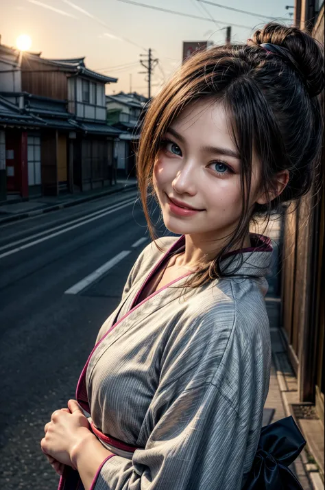 Photorealistic, fair and smooth skin, greyish blue eyes, beautiful face, smiling, sensual lips, brunette hair, hair tied back, she is wearing a Japanese kimono, kimono, Japanese clothing, sightseeing in Asakusa, walking, Japanese landscape, dusk, evening, ...