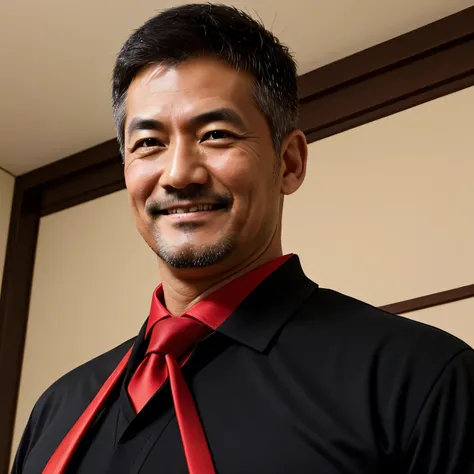 50 years old,  men,、Black Shirt、Red tie、Hot Dojo　smile、logic, Gay,Very short hair　,Japanese Face,、　Stubble、　Upper body close-up、Seen from below