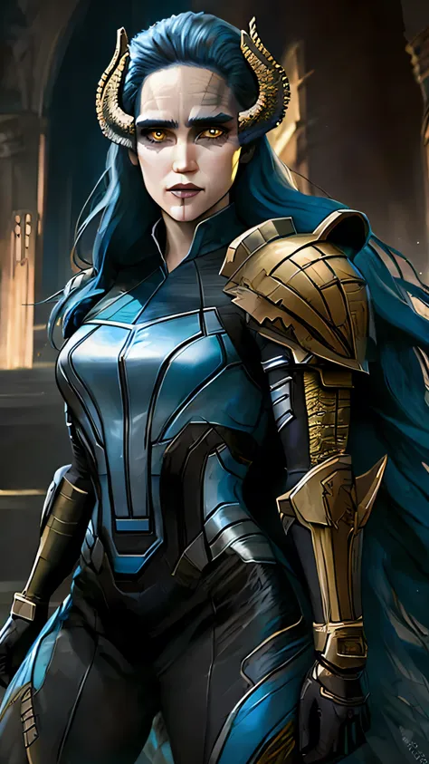 jennifer connelly as proxima, long hair, blue hair, yellow eyes, colored skin, horns, lipstick, makeup, armor, (insanely detaile...