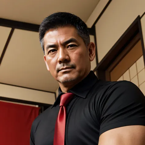 50 years old, men,、Black Shirt、Red tie、Hot Dojo　Menacing look、logic, Gay,Very short hair　,Japanese Face,、　Stubble、　Upper body close-up、Seen from below