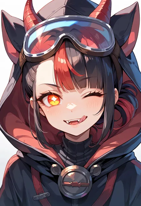 sexy mature body, huge boobs, barely covering body, streaked hair, multicolored hair, front ponytail, folded ponytail, asymmetrical bangs, goggles on head, animal hood, glowing eyes, devil pupils, one eye closed, goat ears, evil smile, fangs, licking lips,...