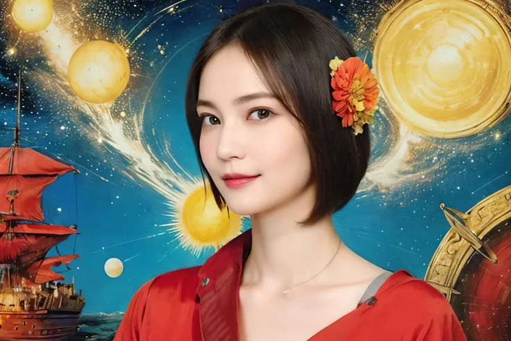 293 (20-year-old woman,short hair), (A kind smile), ((宇宙海賊captain,captain)), (colorful), (Leonardo da Vinci paintings), flower, Futuristic space pirate ship, nebula