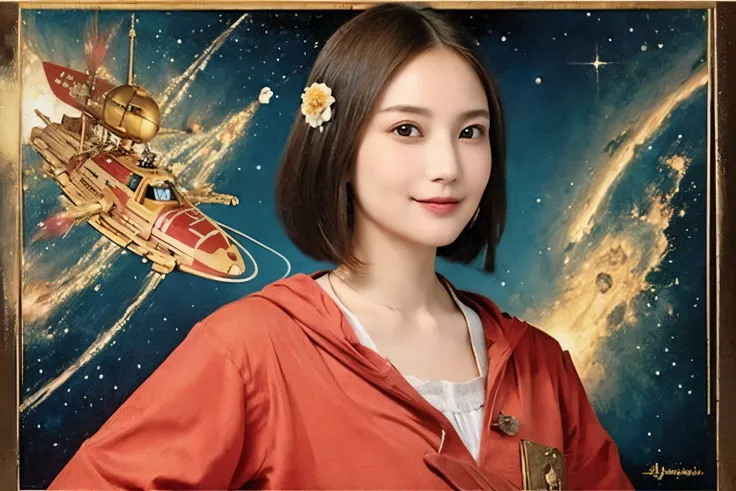 293 (20-year-old woman,short hair), (a kind smile), ((宇宙海賊captain,captain)), (colorful), (leonardo da vinci paintings), flower, ...