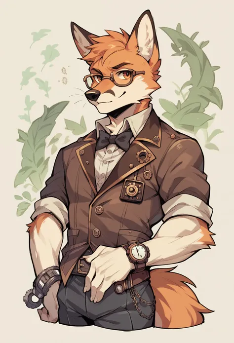 a fitness fox, steampunk, with glasses, watch, kind smile