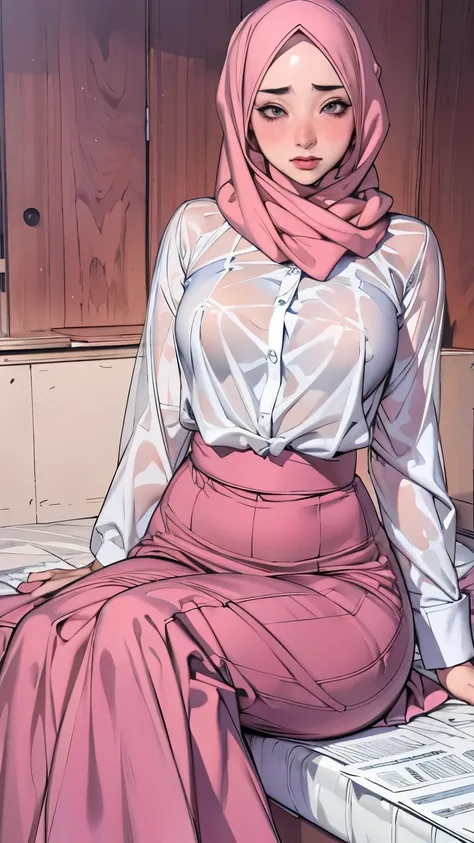 masterpiece, hyper-realistic, hijab, perfect long skirt, shirt,  twirl, blushing, sitting, transparent, sad