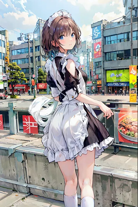 Brown Hair，Shortcuts，Disheveled Hair，Slender beauty，Hall々A positive attitude，Small breasts，Beautiful legs，Her captivating grey-blue eyes shine like stars，Top quality masterpiece, Very detailed, High resolution, Very detailedCG, smile、Tokyo cityscape，traffi...