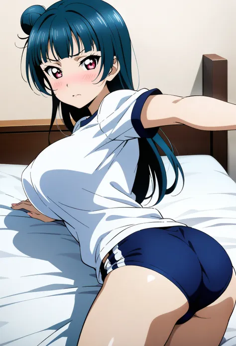 1girl, tsushima yoshiko, love live!, solo, (outstretched arms:1.3), (fullback buruma, navyblue buruma:1.2), (gym uniform, white t-shirts), huge breasts, big ass, good anatomy, perfect anatomy, looking at viewer, shy, blush, long hair, single hair bun, bed,...