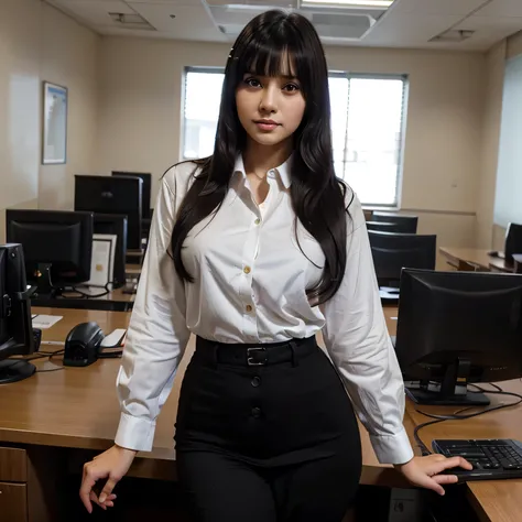 a beautiful young professional government employee, full body, sexy figure, thick outfit, button-up shirt, long straight black hair, bangs, fair skin, detailed beautiful eyes, confident expression, government office