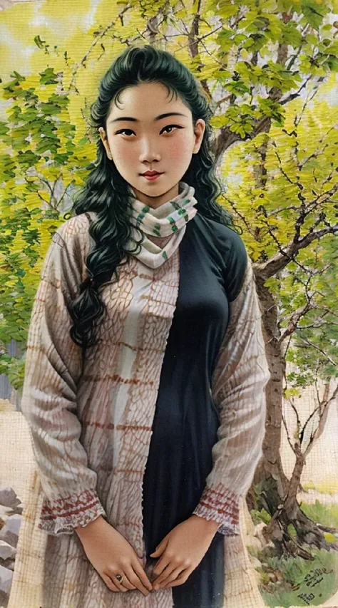 araffe woman with green hair and a black scarf standing in front of a tree, with long hair, with lovely look, very very low qual...