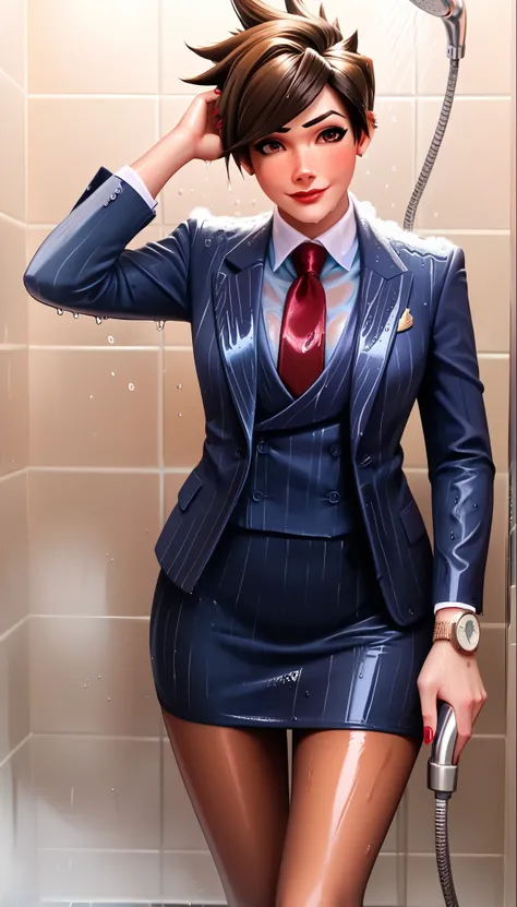 score_9, score_8_up, score_7_up, score_6_up, source_anime,  three-piece suit, tracer, 1girl, solo, brown hair, short hair, freckles, smile, pretty, formal, jewelry, navy pinstripe suit, red silk necktie, earrings, jacket, shirt, standing, shower, running w...