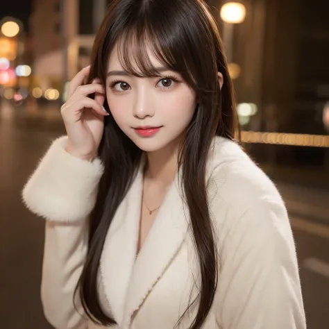 Whole body 1.7、Best Quality、shape、Very detailed、finely、High resolution、8k wallpaper、Perfect dynamic shape、Beautiful beautiful eyes、The costume is a fluffy long coat made of fur..5、Straight Hair、Small breasts、Natural color lip、Bold sexy pose、smile、20 year o...