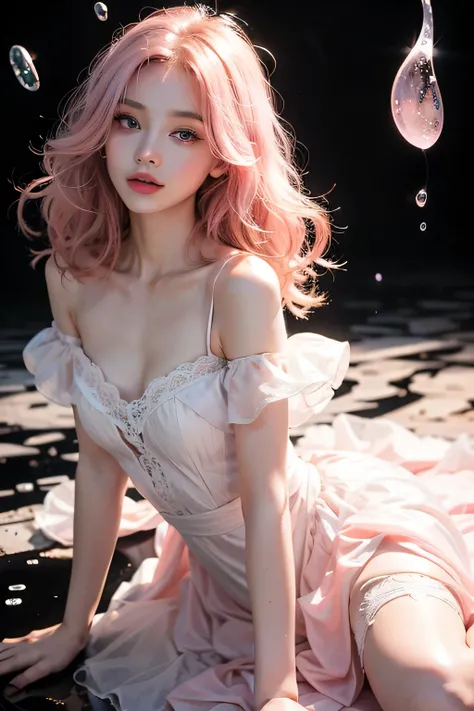 Light pink hair, Pink Eyes, Pink and white, , Vibrant colors, White Dress, Paint splashes, Simple Background, Ray Tracing, Wavy Hair