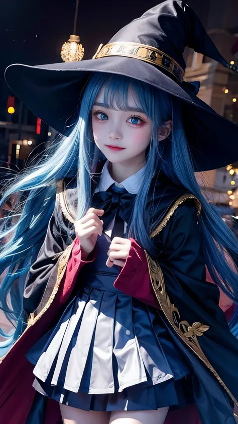 Masterpiece, Magic Girl, Wizard, witch, 1 Girl, main character, Girl, Junior high school students, Blue Hair, Long Hair, witchs black((Pointed hat)), blue eyes, Magic School Student, witch robe, Blue ribbon, cute