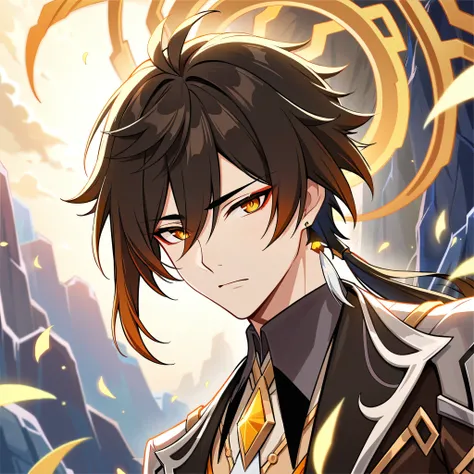 (best quality,4k,8k,highres,masterpiece:1.2),1boy, zhongli_/(archon/)_/(genshin_impact/),male focus,intricately detailed,realistic:.4,intense gold eyes,mature_male, narrow_waist,full body, by carnelian, cel shading, fantasy china background, liyue, mountai...