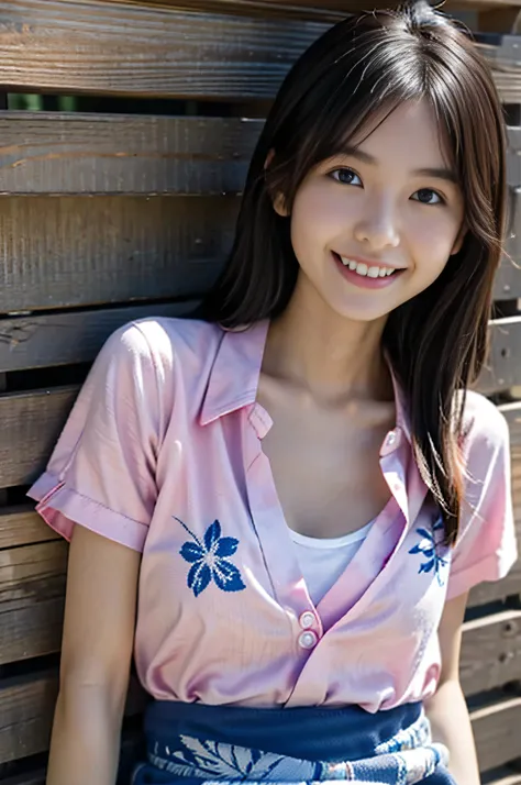 Happy smile、Realistic, High resolution, 1 Female, Japanese, Baby Face, (Teen high school student), alone, Raise your hips, View your viewers, Cute Face, (Detailed face), Colorful Summer Wear, Aloha Shirt, Cleavage, Back to the beach under the blue sky、