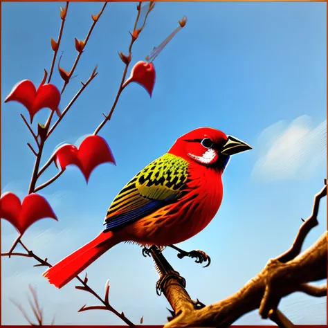 blue sky、Red bird on a branch