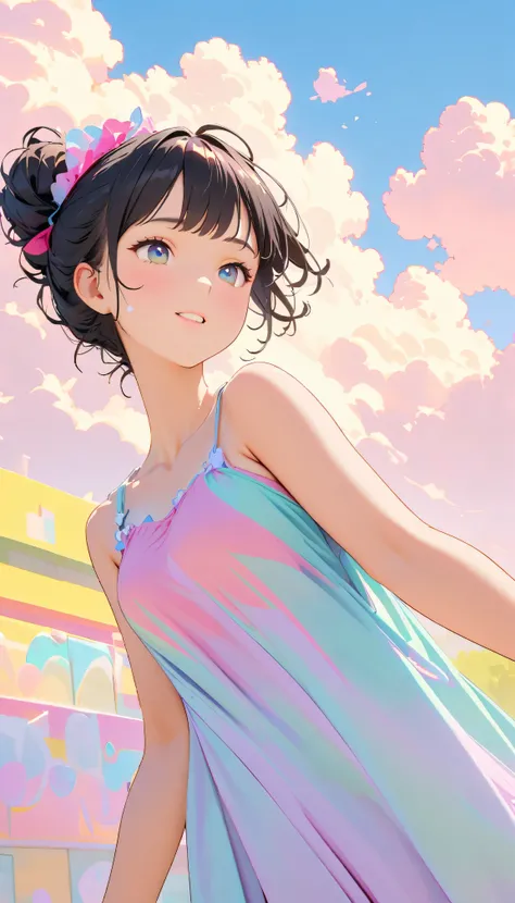 Best Quality, Super Fine, 8k, Incredibly absurd, Very detailed, 2.5D, Beautiful Goddess, Soap bubbles, Pastel colored clouds, Sunshine, Pop Art, Delicate and dynamic, Pastel color fantasy, Black Hair, Official Art