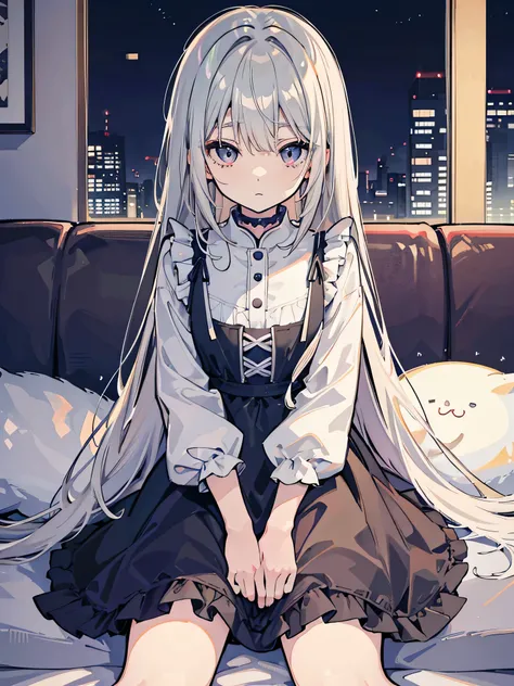 kawaii, anime, Cute, hyper quality, highly detailed, 8k, Clarity, Draw facial expressions in detail, gray hair, close your eyes, highlight on eyes, convey the whole, long half up, wear a dress, sit on the sofa, infect one person, inside the house, upward g...