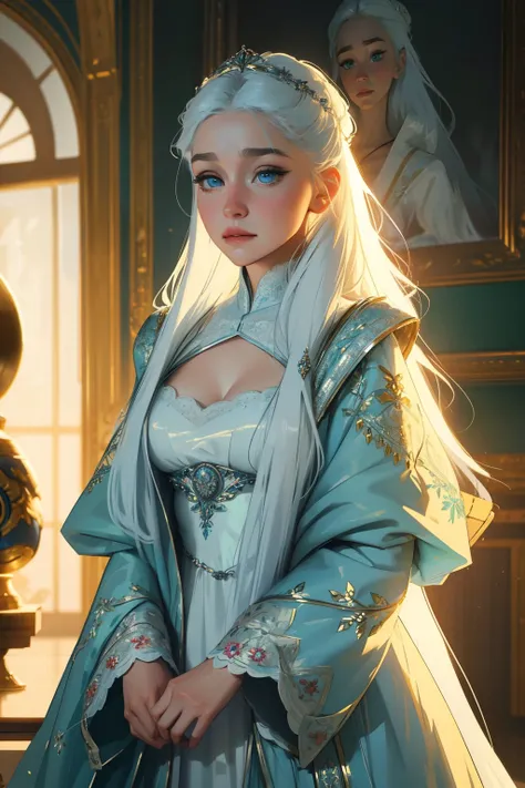 Russian Empire, Neon, Fabulous portrait of a fairytale girl, dressed in a pale white simple 19th century silk dress with silver embroidery, s face, Daeneryss face, Long white hair, Stunning blue eyes, large breasts, realistic face, intricate details, Beaut...