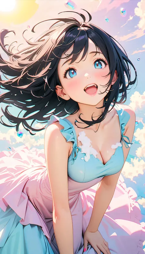 Best Quality, Super Fine, 8k, Unbelievably absurd, Very detailed, 2.5D, Beautiful Goddess, Soap bubbles, Pastel colored clouds, Sunshine, Pop Art, Delicate and dynamic, Pastel color fantasy, Black Hair, Official Art