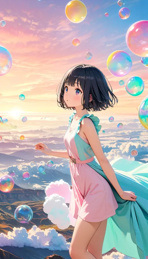 Best Quality, Super Fine, 8k, Unbelievably absurd, Very detailed, 2.5D, Beautiful Goddess, Soap bubbles, Pastel colored clouds, Sunshine, Pop Art, Delicate and dynamic, Pastel Color Fantasy, Black Hair？Bobcut, Very young, Small breasts, Official Art