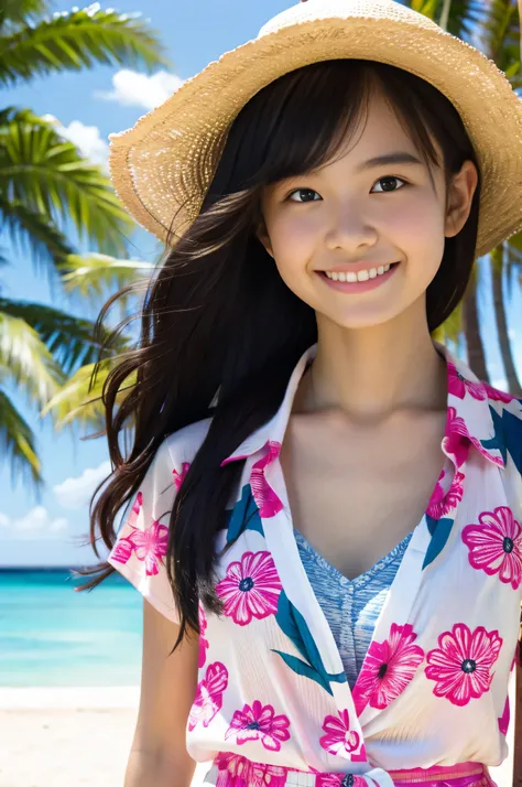 Happy smile、Realistic, High resolution, 1 Female, Japanese, (Age 15), Baby Face, (Teen high school student), Alone, Raise your hips, View your viewers, Cute face, (Detailed face), Colorful Summer Wear, Aloha Shirt, Cleavage, Back to the beach under the blu...