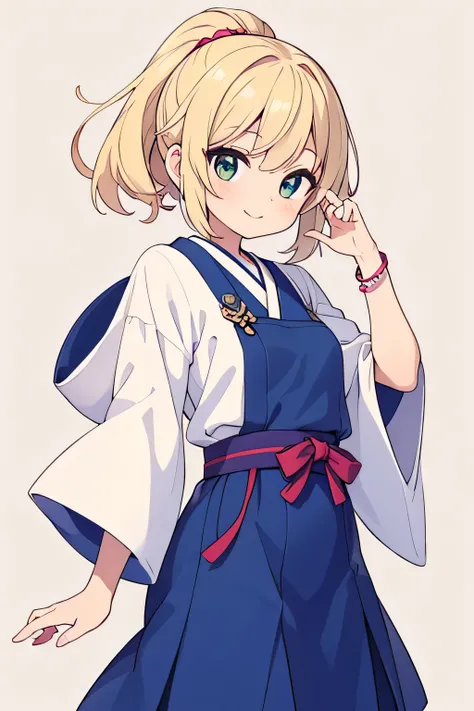 "Create a character design for Ria, a bright and positive female character who is half-Japanese and half-American. Ria should have the following characteristics: Hair: Bright blonde hair styled elegantly, such as in loose waves or a sophisticated ponytail....