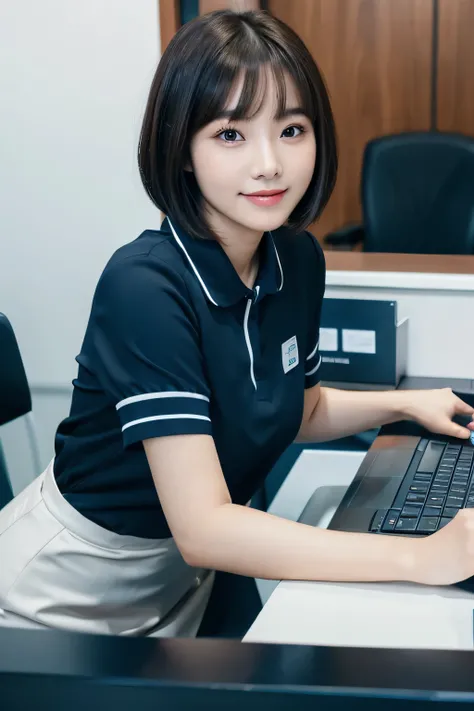 close-up shot of beautiful chinese female, bob cut brown hair with beautiful bang, slightly smile, wearing dressed in blue, blazzer black and white themed short sleeved collared receptionist uniform, sitting behind reception desk. laptop on desk, keyboard ...