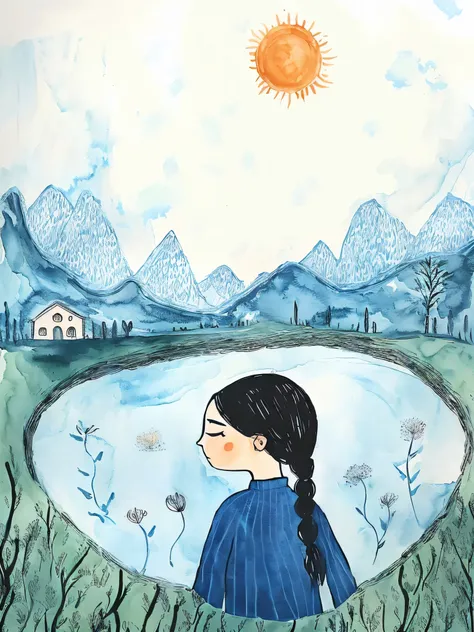 A painting of a girl in a blue dress standing in a field, By Ruth Sim, Ink and watercolor illustrations, Inspired by Lu Ji, Watercolor ink illustration, girl and sun, byJuliette Leong, Mei Qing, Inspired by Kim Tschang Yeul, Inspired by Ma Yuanyu, Inspired...