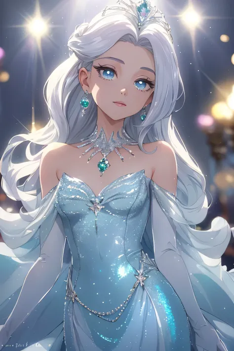 masterpiece, highest quality, figure, alexandrite eyes and hair, platinum earrings, Platinum Necklace, white dress, The Little Mermaid, cute, (dynamic lighting:1.2), cinematic lighting, delicate features, fine eyes, sharp pupils, realistic student, Depth o...