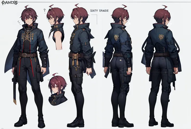 1male, reference sheet, matching outfit, (fantasy character design, front angles, side angles, rear angles) Sneak, Bandit, SLENDER, WIREY, AGILE, DARK CLOTHING, SLY SMILE, ((STEALTH)), ((CUNNING)), ((SURPRISE ATTACK)), (HIGH DETAIL), (ILLUSTRATION), ART