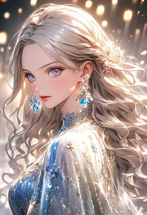 8k,gal，an extremely delicate and beautiful,Beautiful and realistic skin,Shiny jewel-like earrings,Shine like glitter long white hair,beautiful eyes,one piece,Fashion Model,whole body