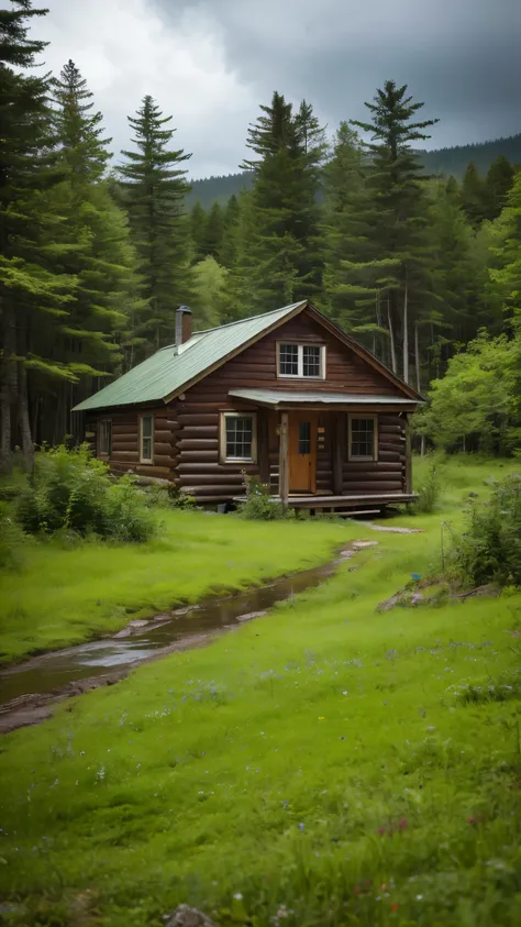 Countryside in Maine, USA,A small old wooden cabin surrounded by forest,cloudy,Wet,soil,Grassland,