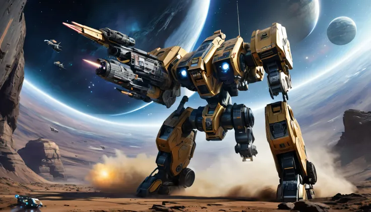 (The combat mech is huge., Realistic, Realistic, Fully visible on front and back, Lots of specific details, Very three-dimensional: 1.2, Can travel to space, Design Style, The color combination is amazing, The cab details are perfectly displayed, The backg...