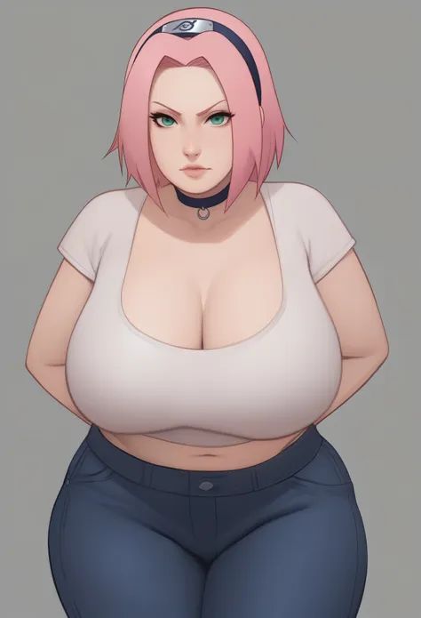 haruno sakura. short pale pink hair, large light green eyes, a large forehead, thin lips, huge saggy breasts and very bbw. huge ...