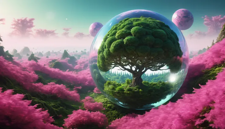 (((masterpiece))) (((Best Quality))) Glass sphere, close-up of a Planet with a bunch of trees on it, overgrown Planet, green Planet, Fractal World, A lush world of fantasy, fantasy Planet, Dyson sphere, pink Planet, 3D rendering beep, Planetary landscape, ...